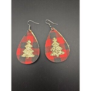 Faux Leather Earrings, Layered, Gold Glitter Christmas Trees Red Buffalo Plaid